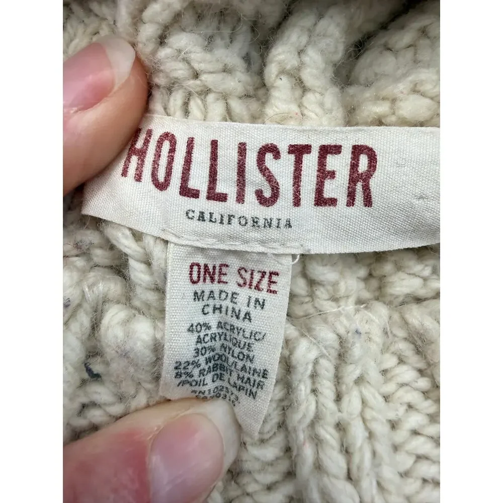 Hollister Vintage Y2K Ivory Cable Knit Beanie Wool Rabbit Hair Blend One Size